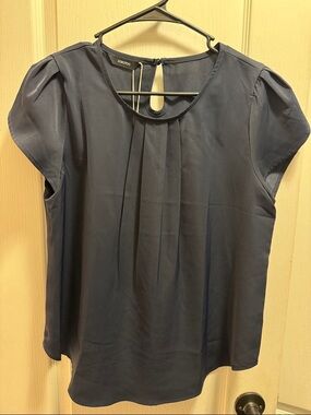 Navy Pleated Cap-Sleeve Blouse